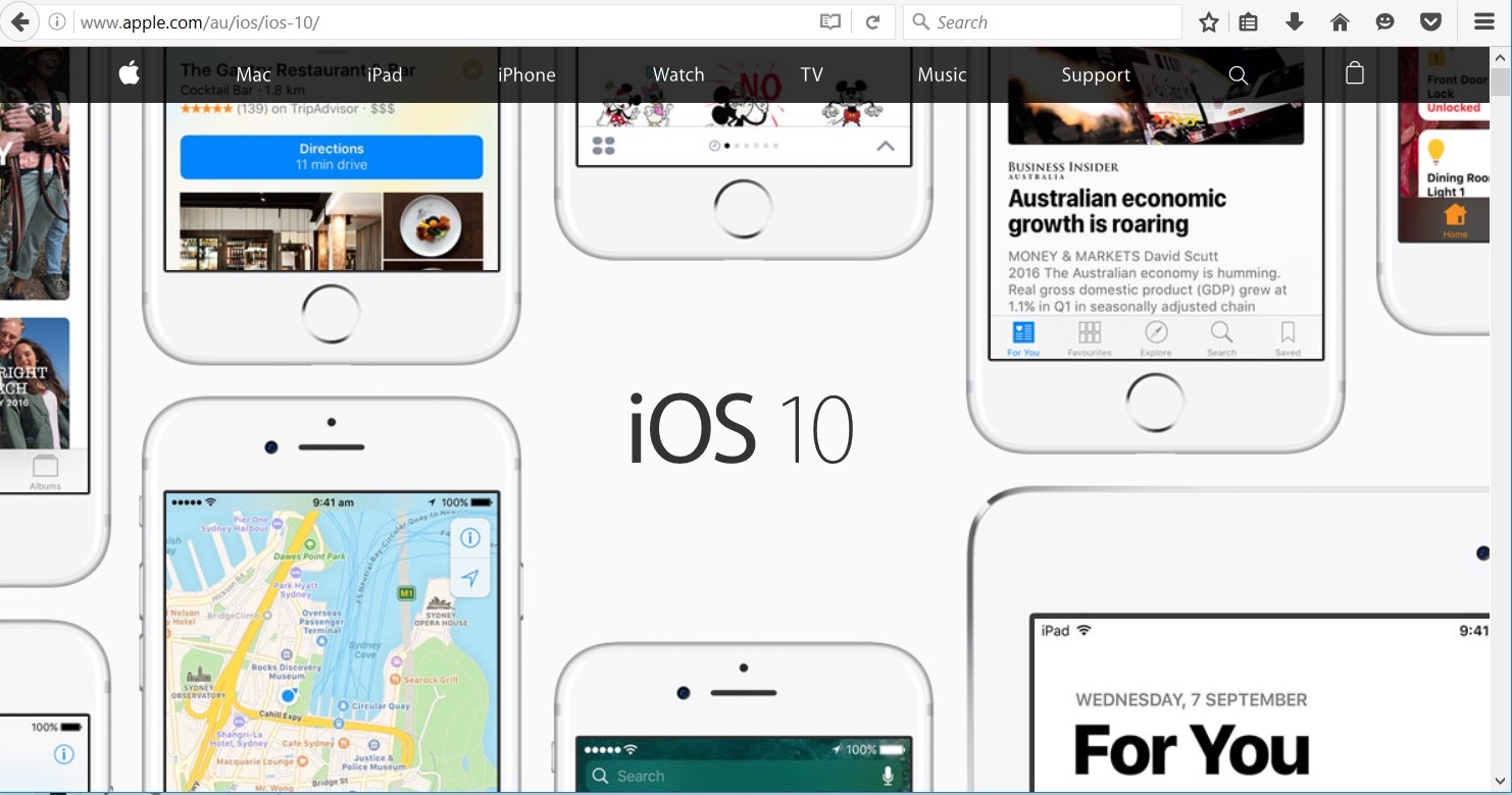 Screen shot of Apple iOS 10 home page